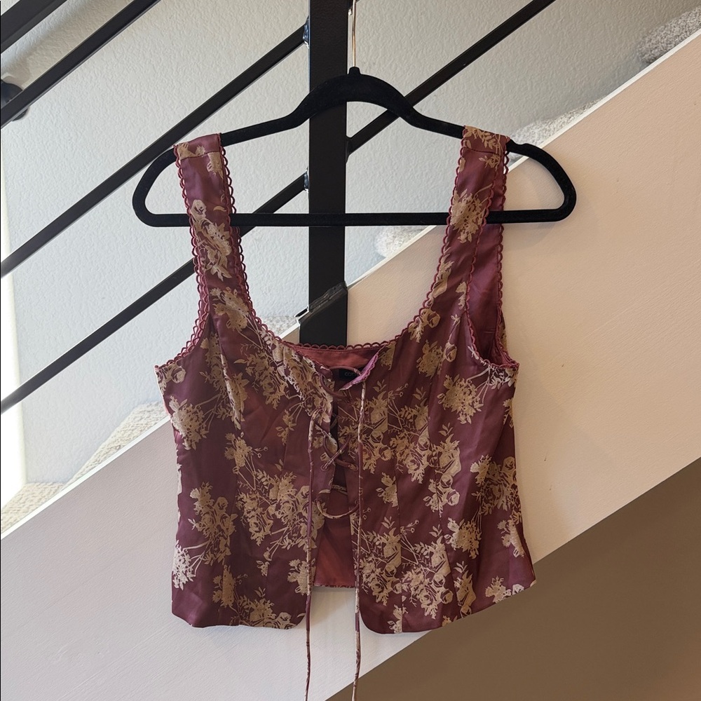 Cotton Candy Maroon Floral Lace-Up Top